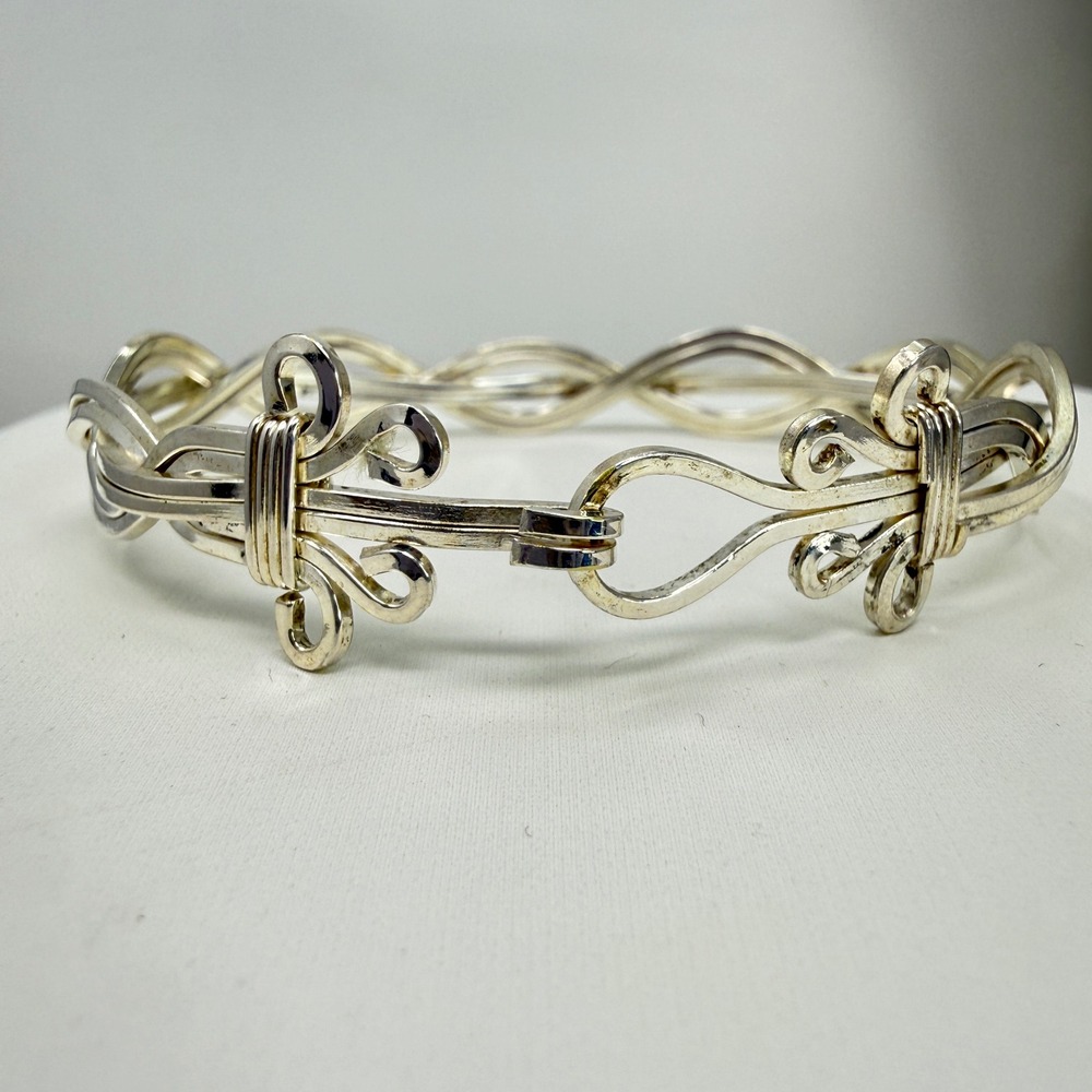 Artisan Wire Bangle Bracelet Scroll Knot Detail Handmade Silver Tone